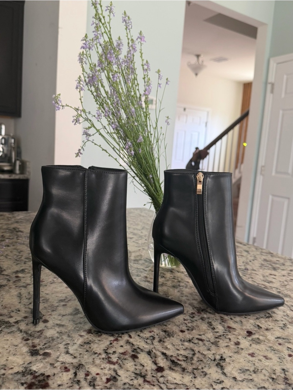 Classic Black Leather Pointed-Toe Stiletto Ankle Boots